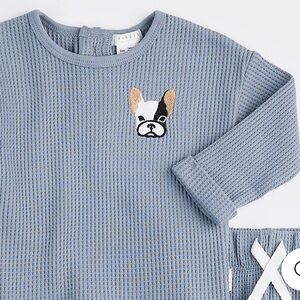 Firsts by Petite Lem Blue Waffle Knit Top with French bukldog